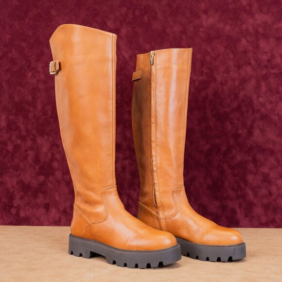 Franco Sarto Wmn Balin Wide Calf Brown Leather Riding Buckle Tall Boots sz 6 - Picture 1 of 10